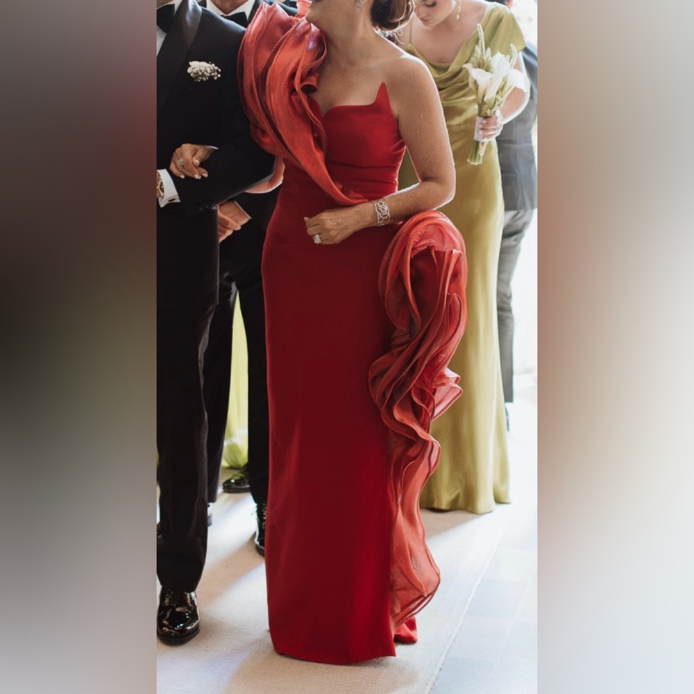 Red Asymmetrical One Shoulder Gown for Wedding Guest